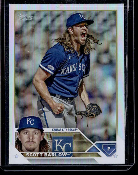 Kansas City Royals pitcher in blue uniform showing emotion on 2023 Topps Rainbow Foil card