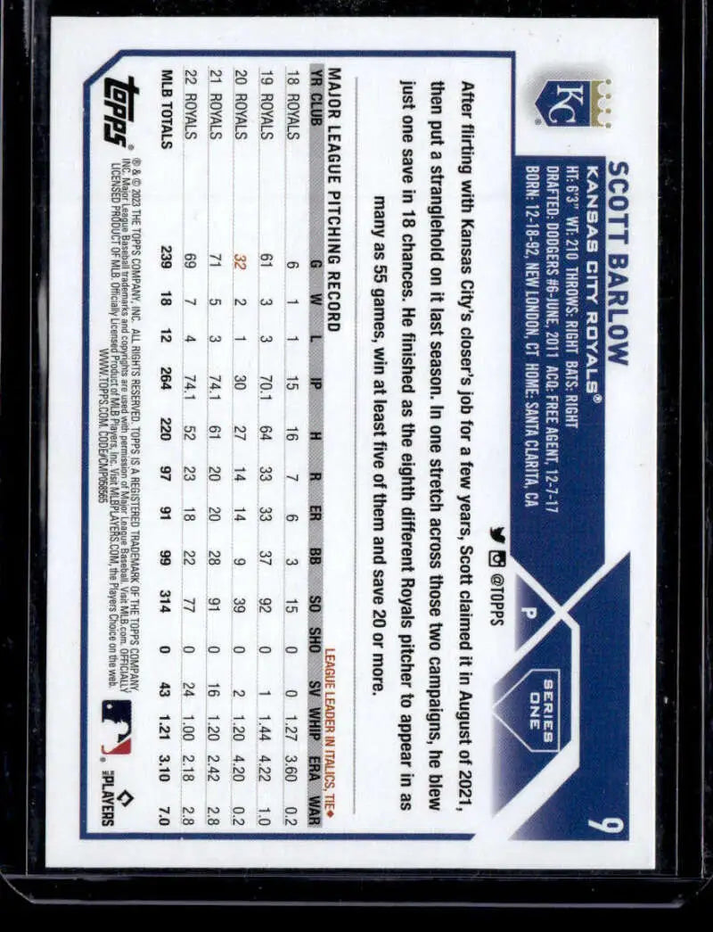 Back of 2023 Topps Rainbow Foil #9 Scott Barlow card with Kansas City Royals stats