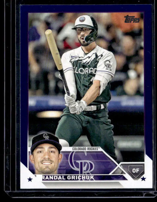 Baseball card of Randal Grichuk in green jersey for Colorado Rockies Topps Royal Blue 2023