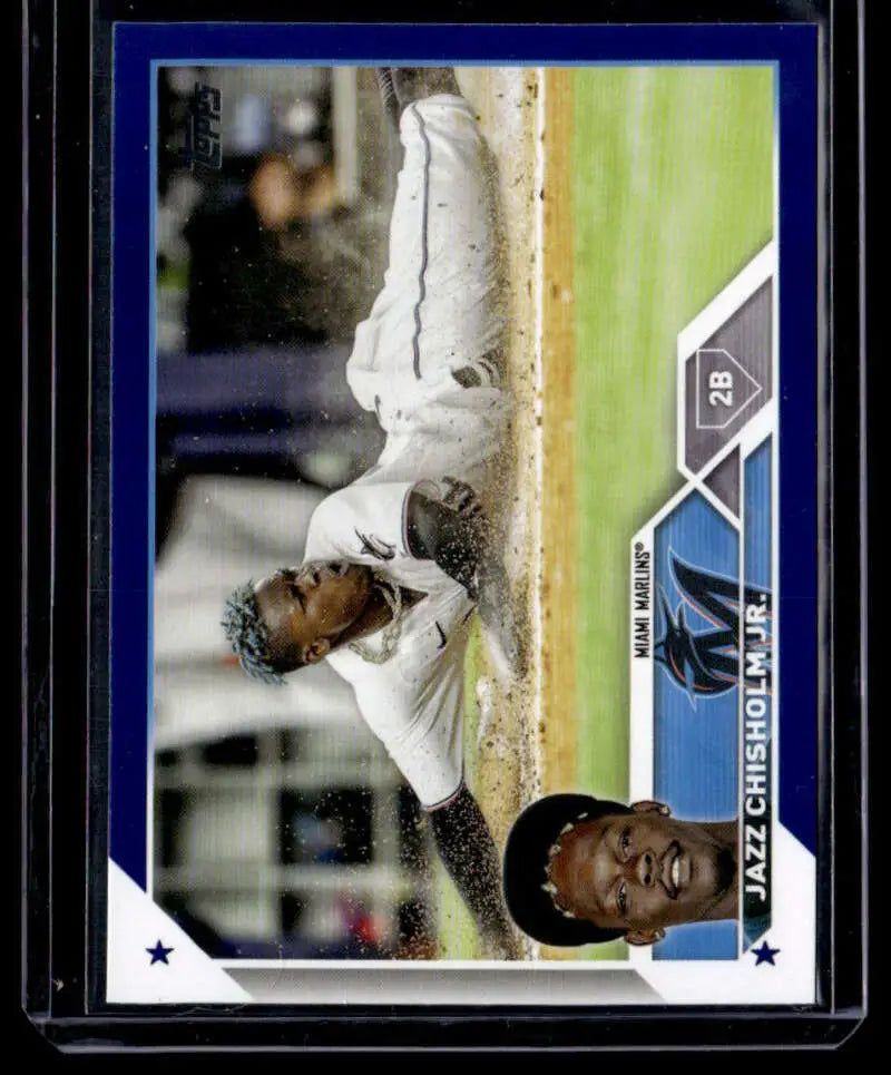 Baseball trading card of Jazz Chisholm sliding into base for Miami Marlins Royal Blue