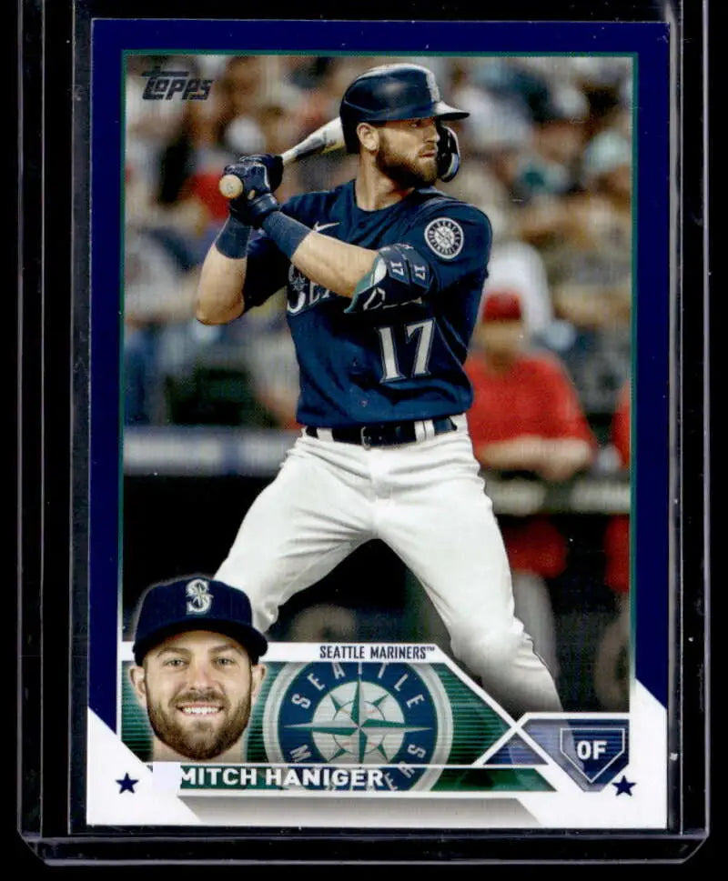 Mitch Haniger at bat in navy jersey on Seattle Mariners baseball card 2023 Topps Royal Blue