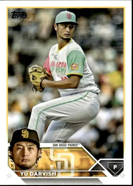 Baseball card of San Diego Padres pitcher Yu Darvish in a pitching stance