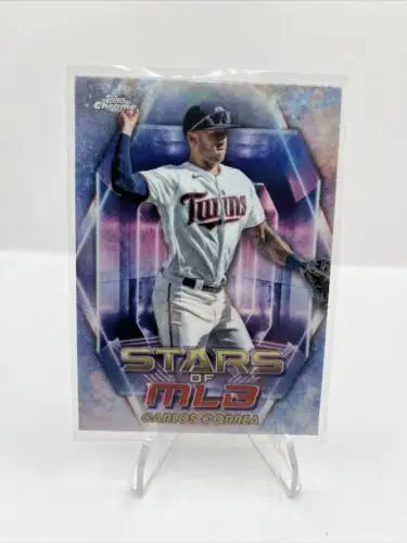 Carlos Correa trading card from 2023 Topps Series 2 Chrome Stars of MLB SMLB-48 Twins