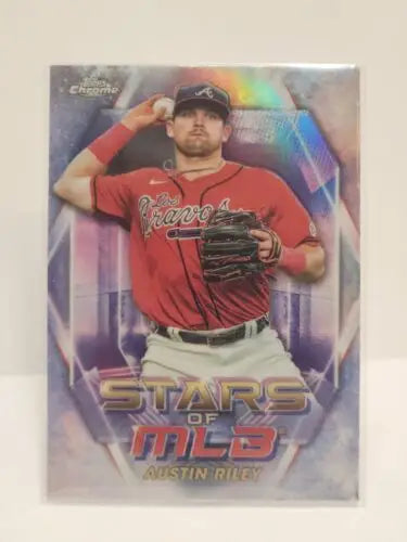 Austin Riley sports trading card featuring the Atlanta Braves in a red jersey