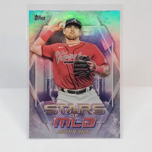 Holographic Topps Austin Riley Stars of MLB baseball card in red Braves jersey