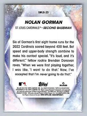 Baseball card back of 2023 Topps Nolan Gorman Stars of MLB RC for collectors