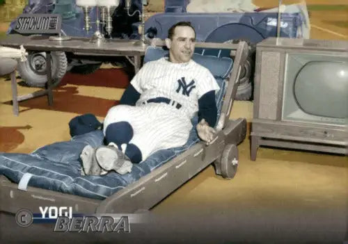 Yogi Berra on wheeled lounge chair in Topps Stadium Club original gloss card