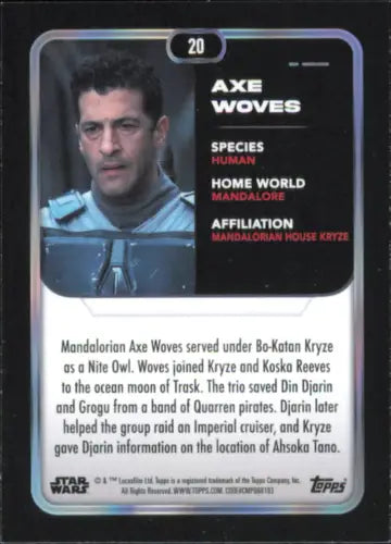 Star Wars trading card from 2023 Topps Star Wars featuring Axe Woves Mandalorian