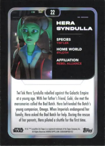 Star Wars Hera Syndulla trading card from 2023 Topps Star Wars #22 The Bad Batch