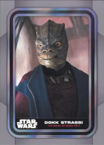 Reptilian Star Wars character Dokk Strassi in dark armor from Topps Star Wars card