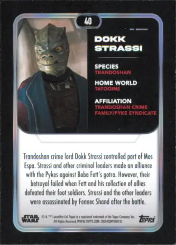 Topps Star Wars trading card featuring Dokk Strassi from the Book of Boba Fett