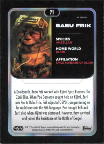 Babu Frik Topps Star Wars trading card from 2023 Rise of Skywalker collection