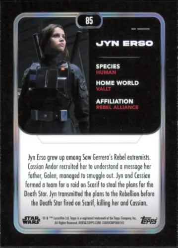 Topps Star Wars trading card featuring Jyn Erso from Rogue One, 2023 release