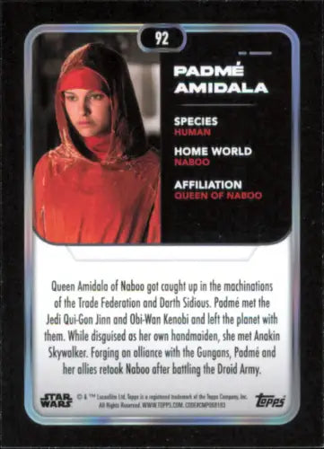 2023 Topps Star Wars #92 Padmé Amidala trading card from The Phantom Menace