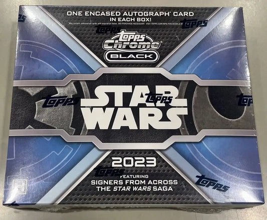 Box of 2023 Topps Star Wars Black Chrome trading cards with autographs