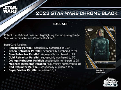 Promotional card showcasing 2023 Star Wars Chrome Black base set and parallels