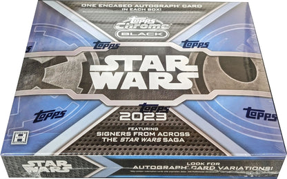 Box of Star Wars Chrome Black Hobby trading cards with autographs and variations