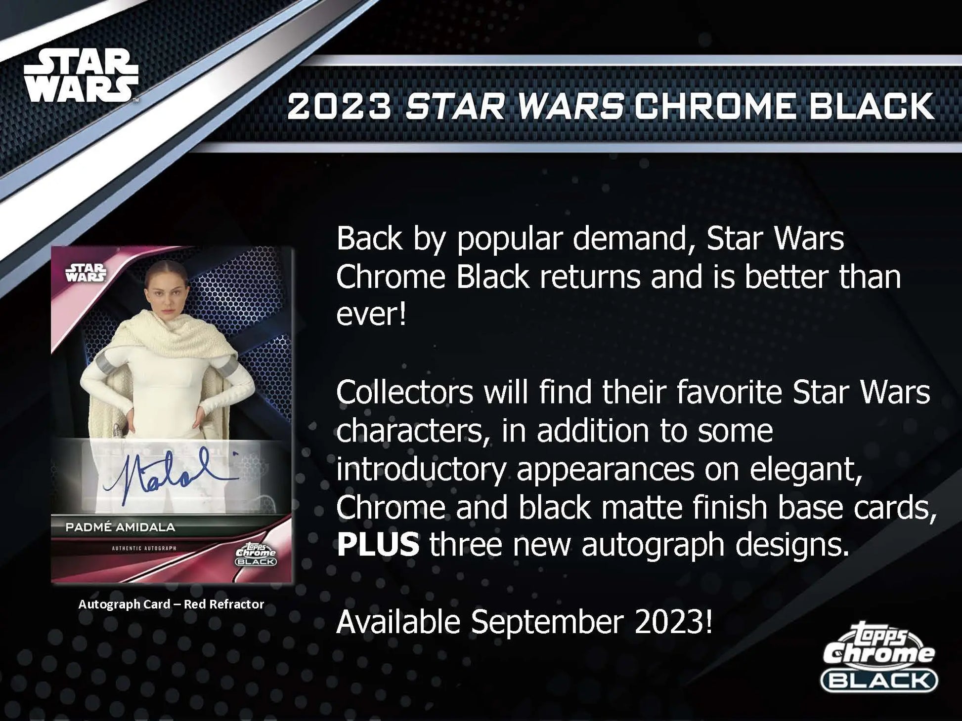 Advertisement for 2023 Star Wars Chrome Black trading card collection details