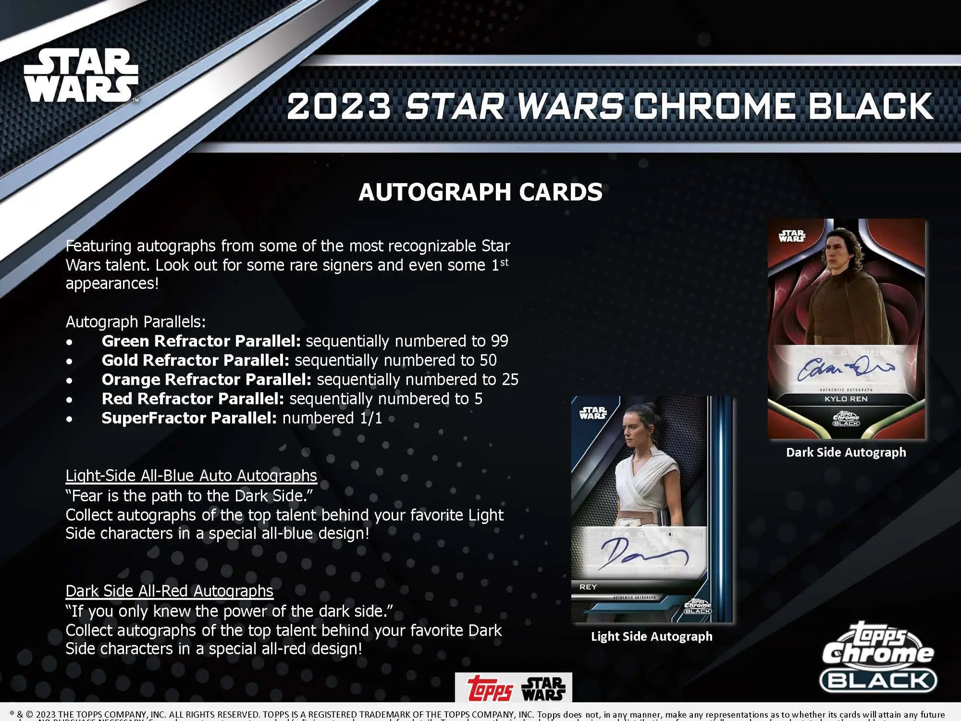 Advertisement for 2023 Star Wars Chrome Black autograph trading cards and details