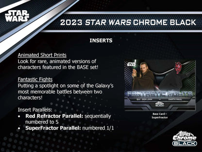 2023 Topps Star Wars Chrome Black series card advertisement with special features