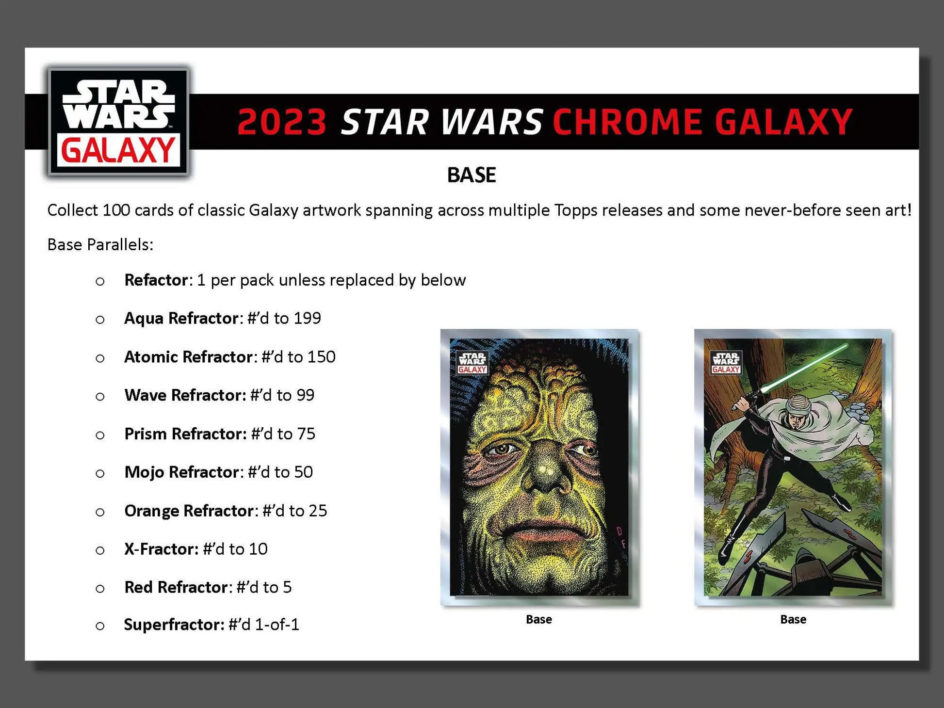 Promotional advertisement for 2023 Star Wars Chrome Galaxy trading cards and hobby box