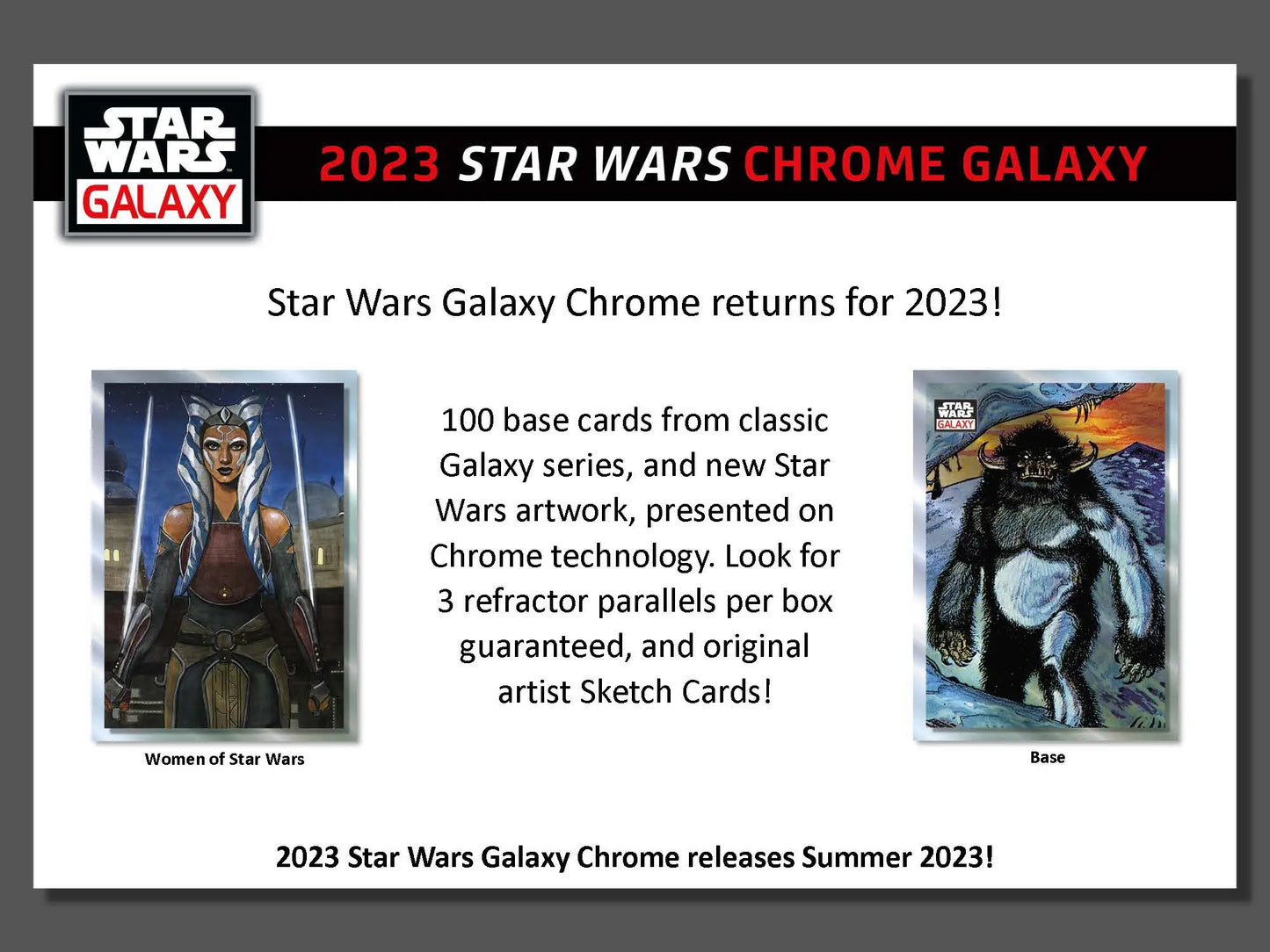 Advertisement for 2023 Star Wars Chrome Galaxy Trading Cards in Hobby Box