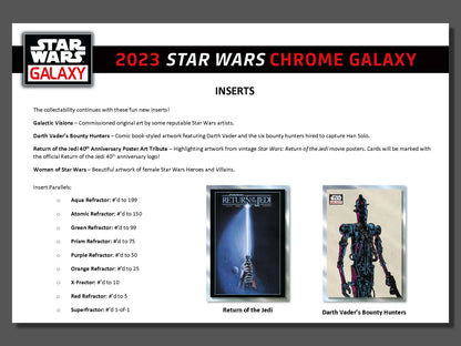 Trading card advertisement for 2023 Star Wars Chrome Galaxy Hobby Box inserts