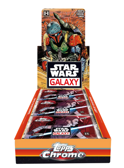 Display box for 2023 Topps Star Wars Chrome Galaxy trading cards with vibrant artwork