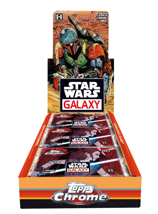 Display box for 2023 Topps Star Wars Chrome Galaxy trading cards with vibrant artwork