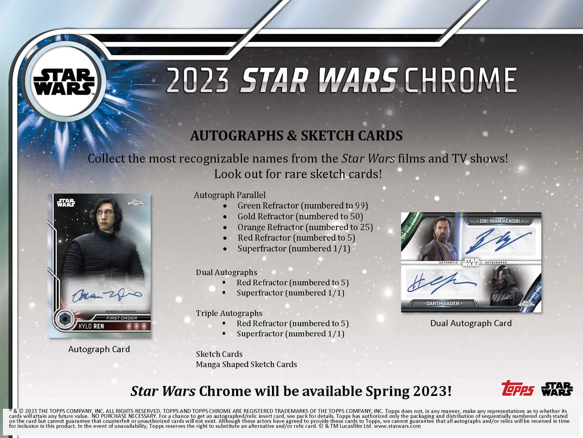 Advertisement for 2023 Star Wars Chrome trading cards with autographs and sketch cards