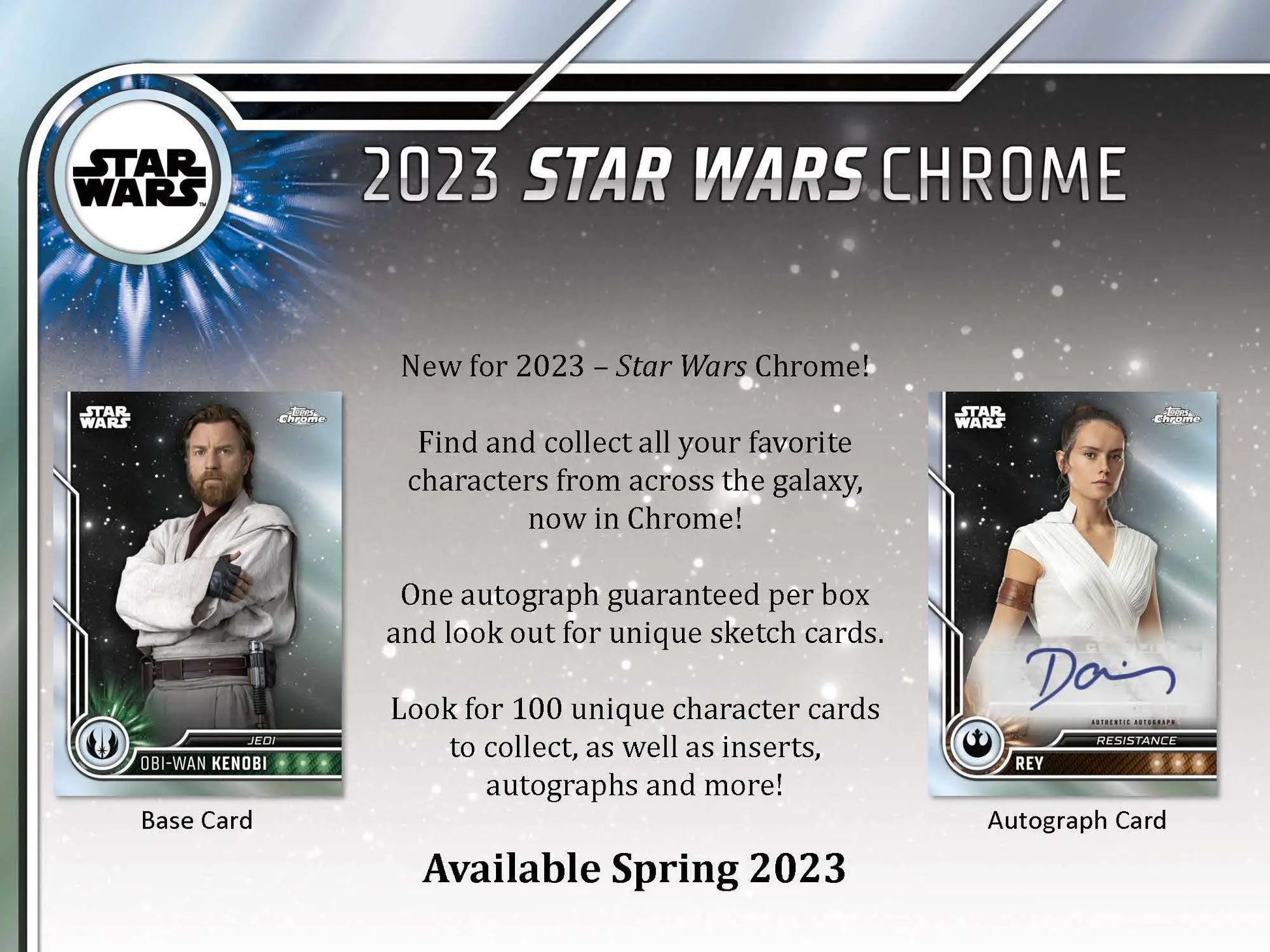 2023 Topps Star Wars Chrome trading cards advertisement with character images and autographs