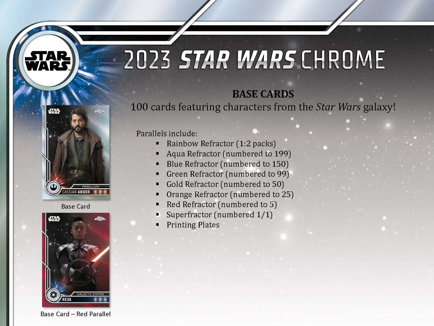 Advertisement for 2023 Topps Star Wars Chrome trading cards with base and parallel details