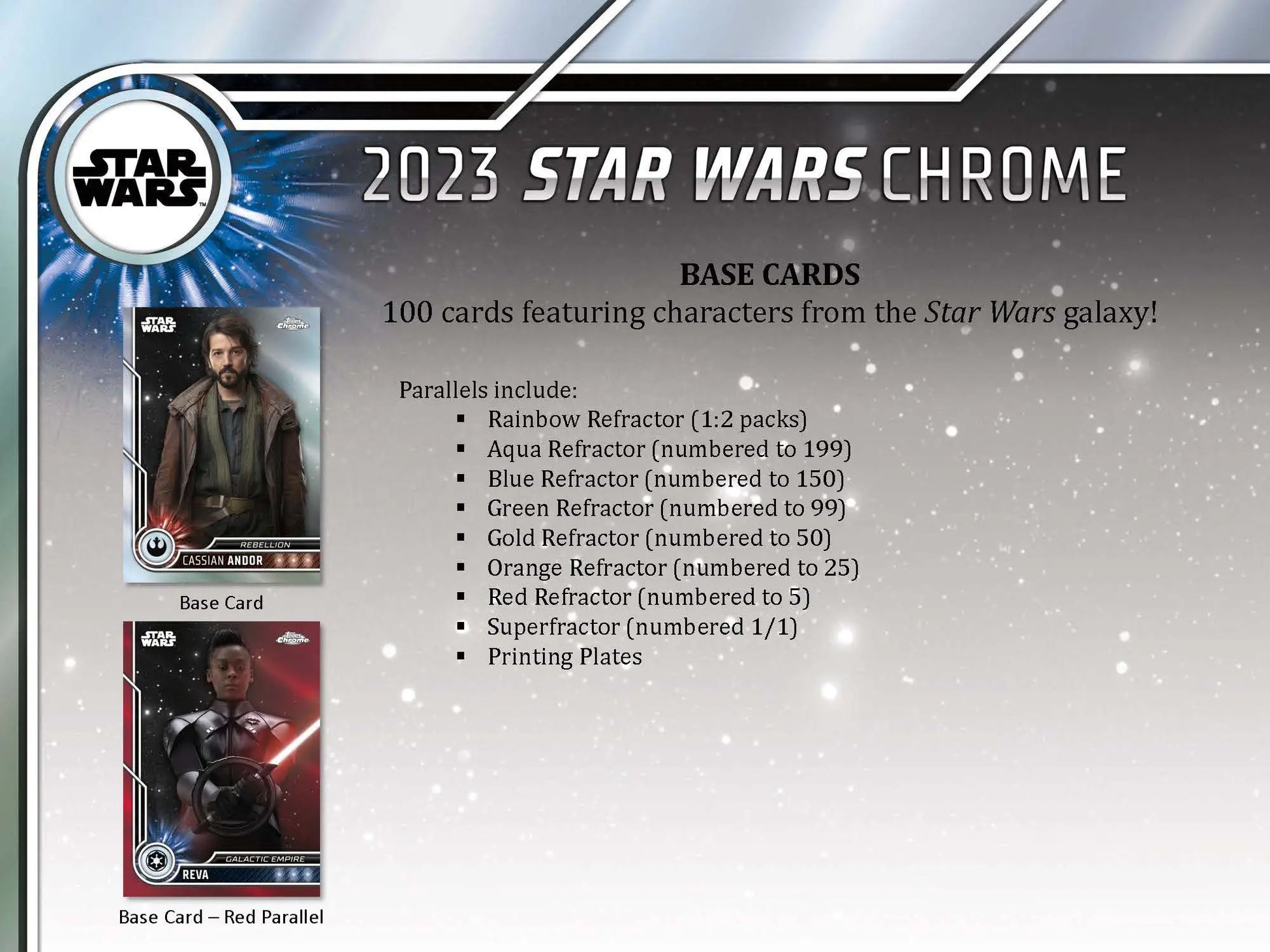 Advertisement for 2023 Topps Star Wars Chrome trading cards with base and parallel details