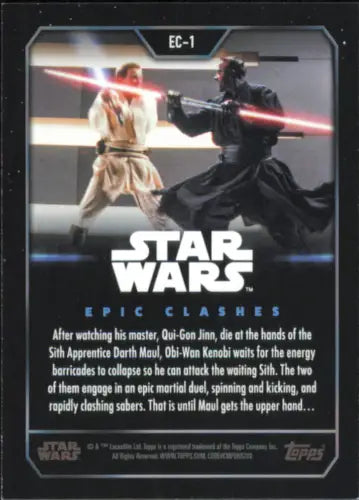 Star Wars Epic Clashes trading card featuring Jedi vs. Sith lightsaber duel action