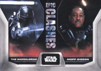 Topps Star Wars Epic Clashes trading card featuring The Mandalorian vs. Moff Gideon