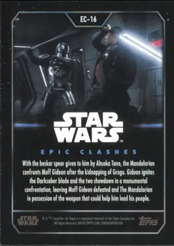 Topps Star Wars Epic Clashes trading card featuring The Mandalorian vs. Moff Gideon