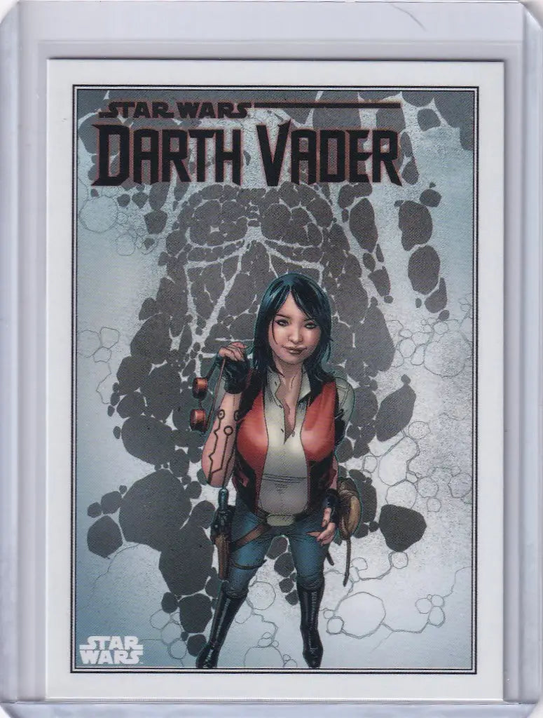 Trading card of young woman in Star Wars attire with Darth Vader silhouette, Topps Star Wars