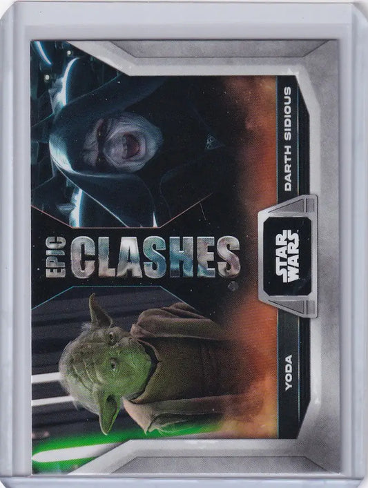 Trading card of Yoda and Darth Sidious from Topps Star Wars Flagship Epic Clashes