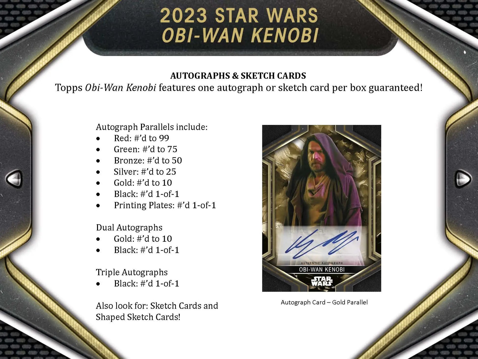 Promotional advertisement for Topps Star Wars Obi-Wan Kenobi trading cards with autographs