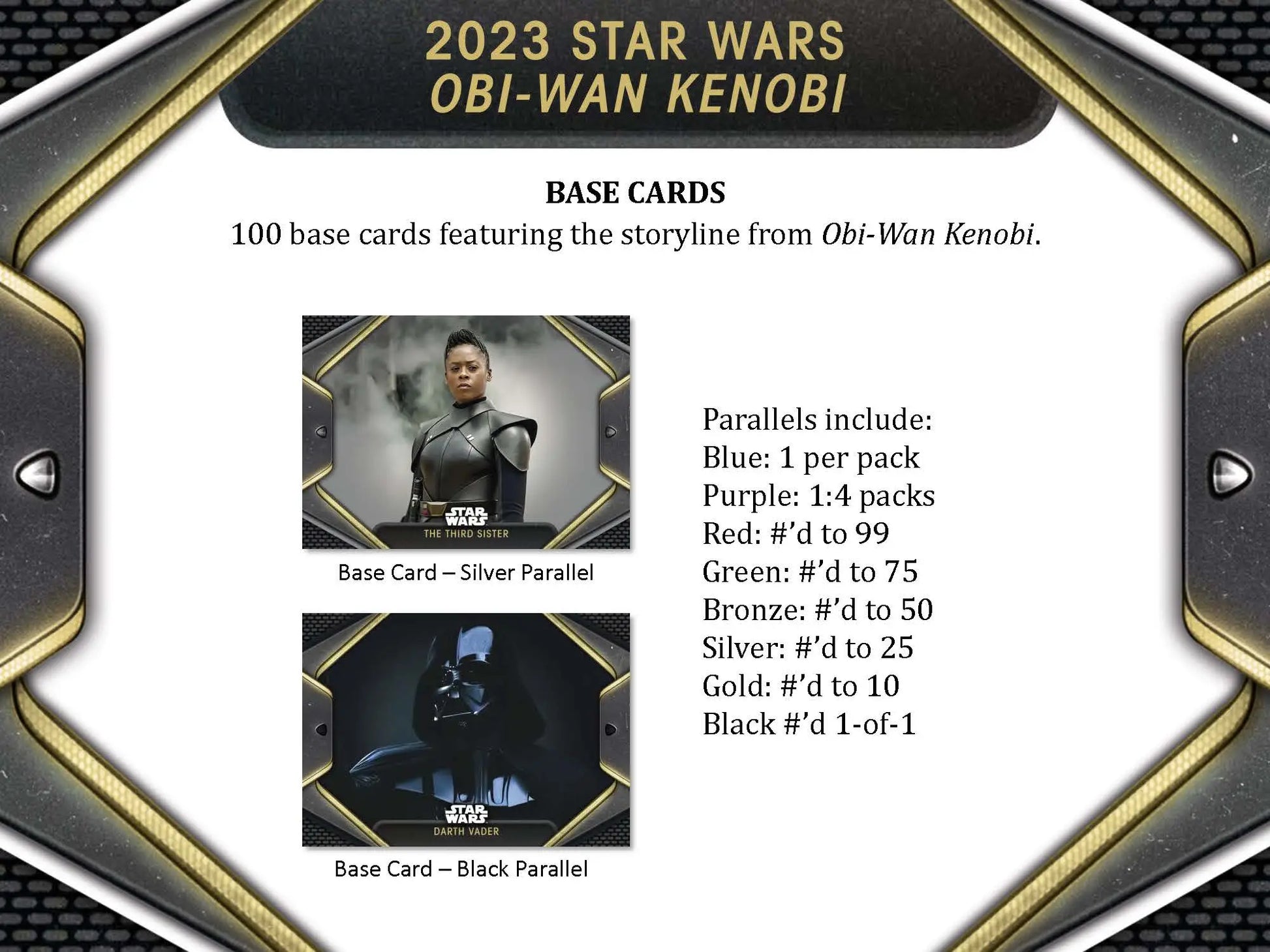 Trading card display for 2023 Topps Star Wars Obi-Wan Kenobi set with rarity details