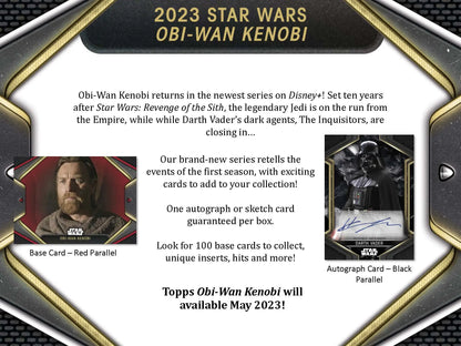 Promotional card for 2023 Topps Star Wars Obi-Wan Kenobi trading cards in hobby box