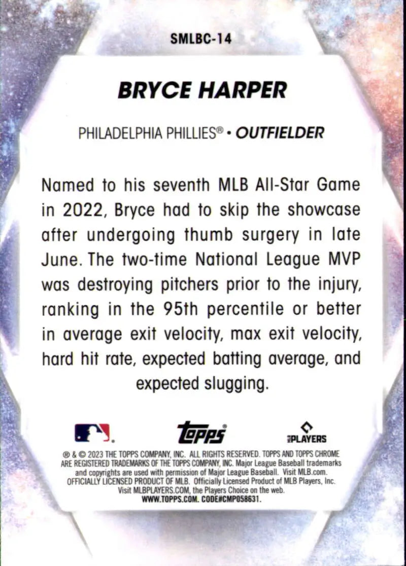 Bryce Harper baseball card featuring statistics from the 2023 Topps Chrome Refractor