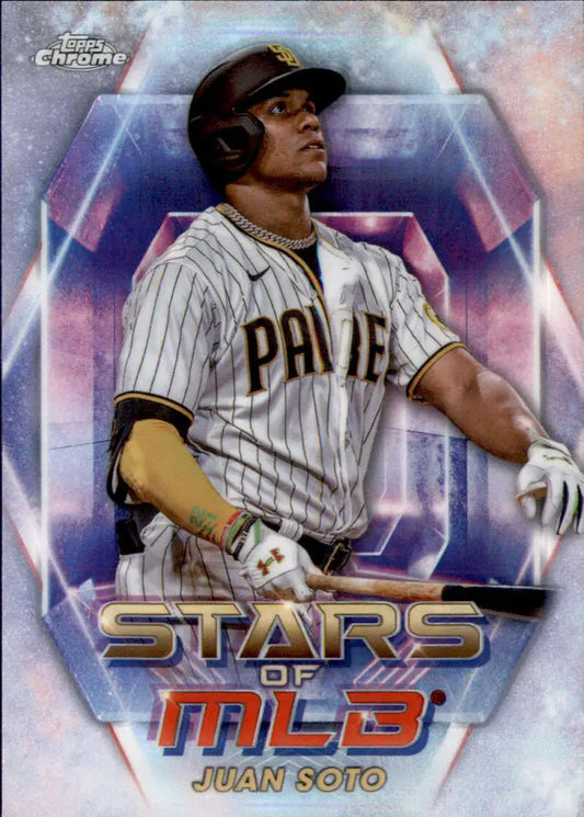 Baseball trading card of Juan Soto in pinstriped San Diego Padres uniform