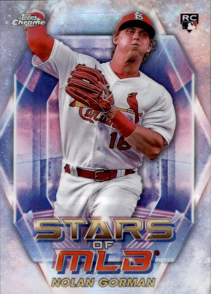 Baseball card of Nolan Gorman in St. Louis Cardinals uniform, 2023 Chrome Refractor