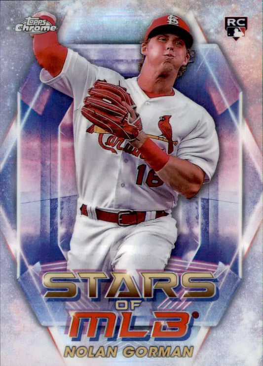 Baseball card of Nolan Gorman in St. Louis Cardinals uniform, 2023 Chrome Refractor