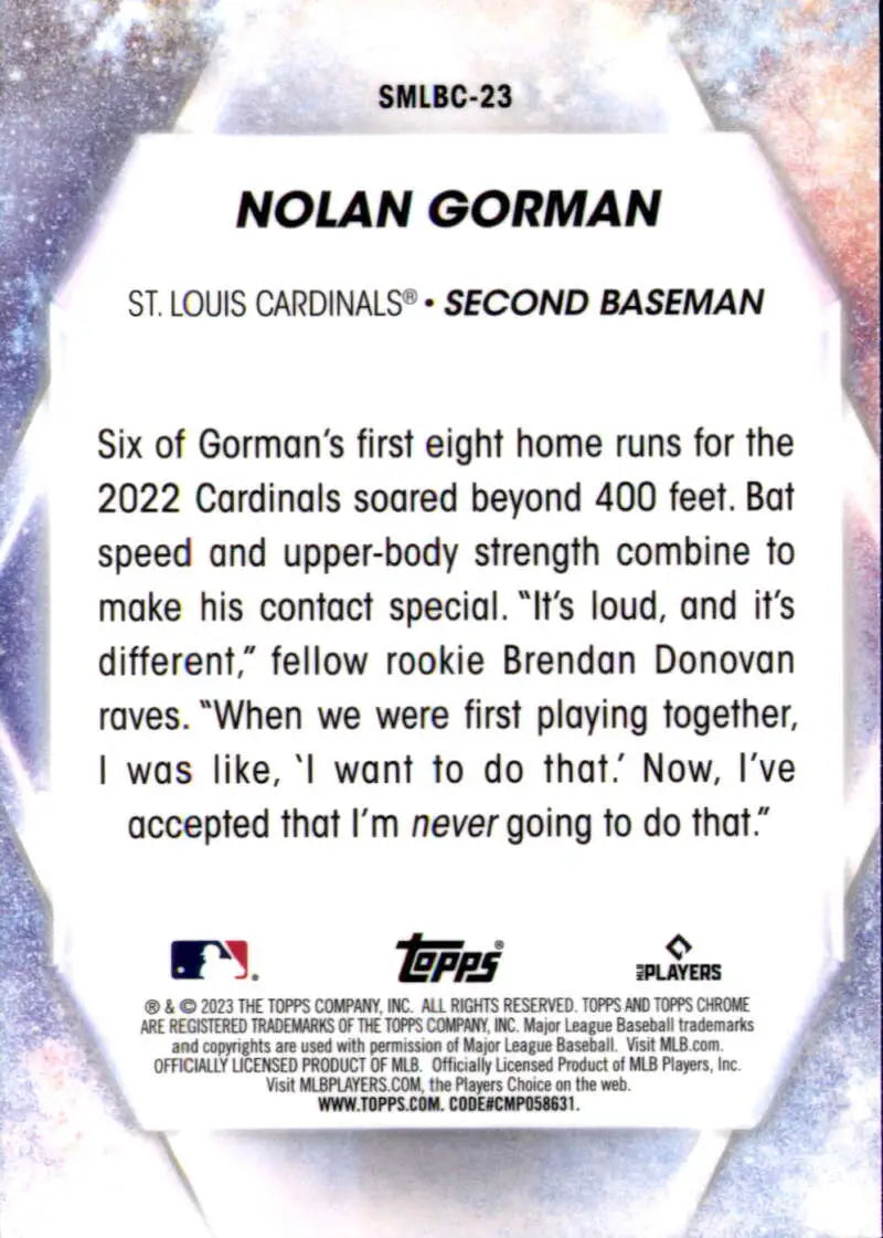 Nolan Gorman St. Louis Cardinals Chrome Refractor baseball card with home run stats