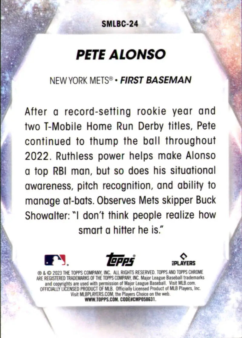 Baseball card of Pete Alonso, New York Mets first baseman, showcasing chrome refractor design