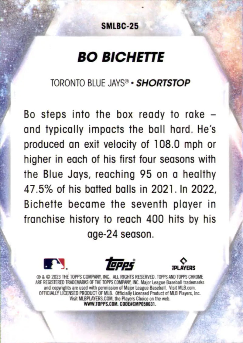 Baseball card of Toronto Blue Jays Bo Bichette from Topps Stars, featuring stats