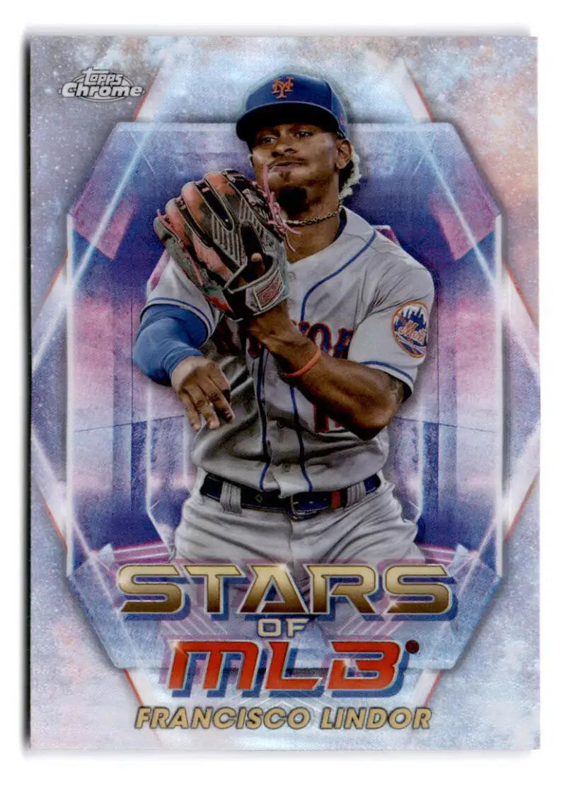 Topps Chrome refractor baseball card of Francisco Lindor in New York Mets road uniform