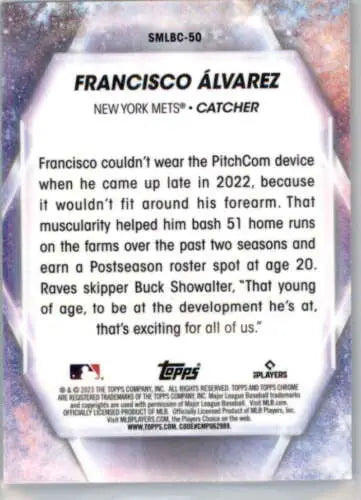 Baseball card back of 2023 Topps Stars MLB Chrome Refractor Francisco Alvarez original gloss